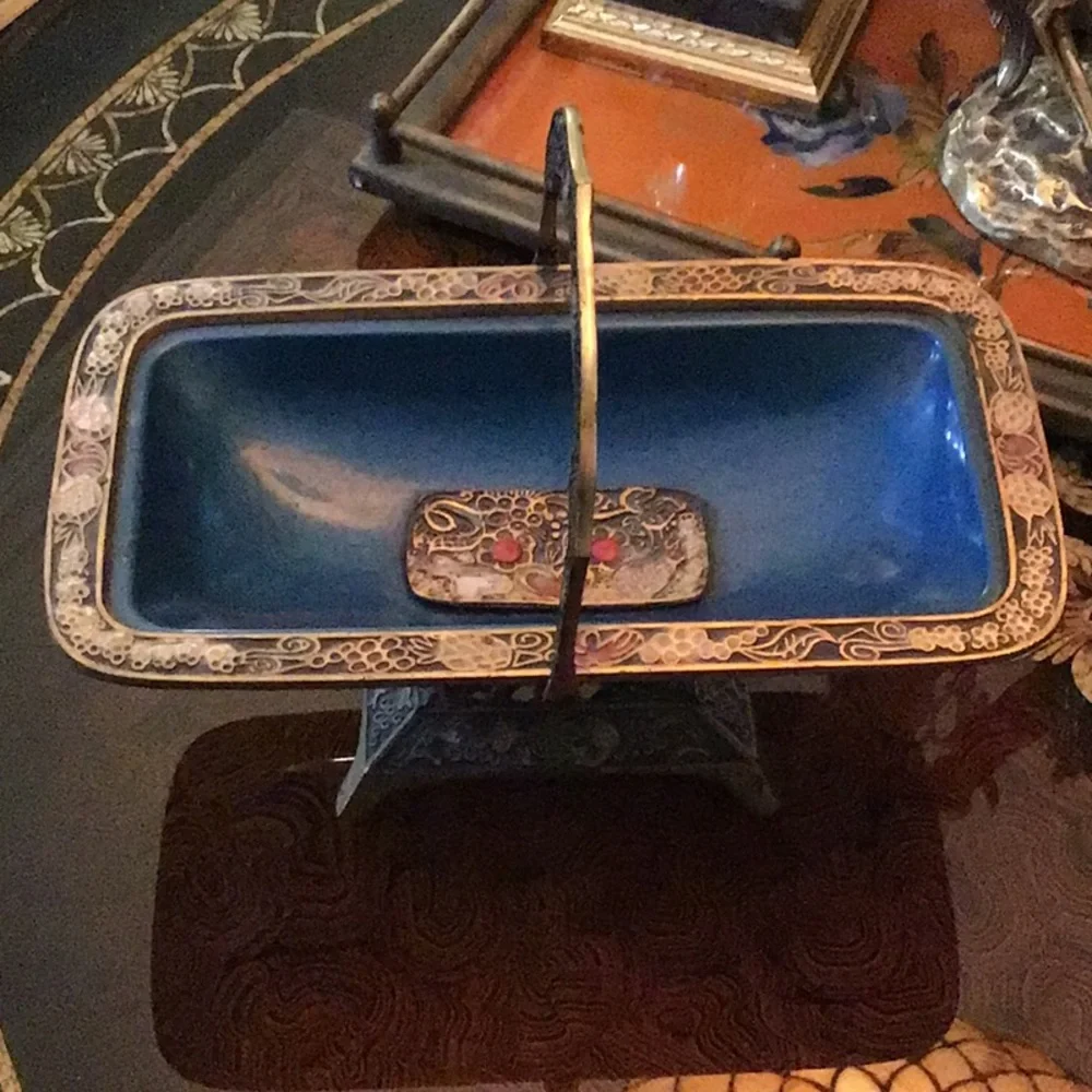 Vintage Brass Blue Enamel Handled Bowl Tray Candy Keys Dish Israel Judaic